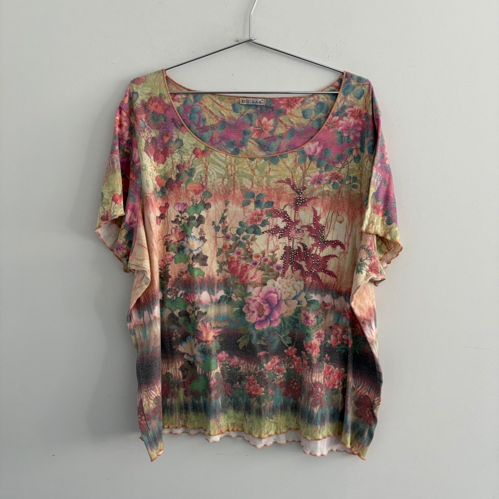 Xcit USA Floral Rhinestone Mesh Short Sleeve Top Multi Color 3X